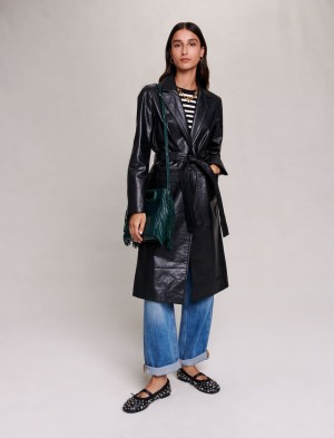 Maje Black Læder Trench Sort | Danmark_M52767