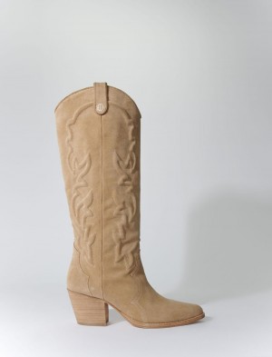 Maje Embroidered Læder Cowboy Boots Beige | Danmark_M19796