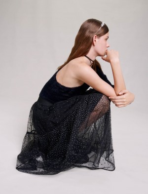 Maje Glittery Spotted Long Tulle Sort | Danmark_M68829
