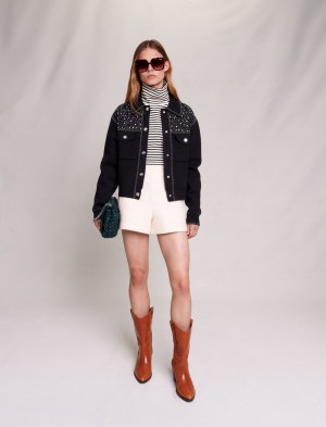 Maje Knit Cardigan With Rhinestones Sort | Danmark_M74393