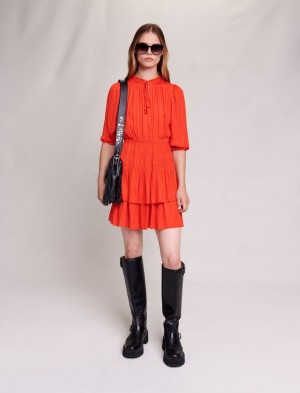 Maje Kort Satin Smocked Rød | Danmark_M94678