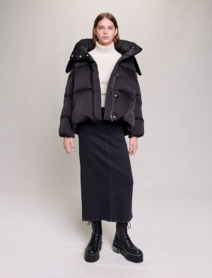 Maje Kort Satiny Quiltet Puffer Sort | Danmark_M40976