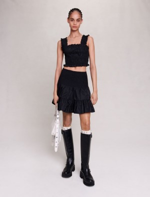 Maje Kort With Smocking And Ruffles Sort | Danmark_M63271