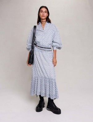 Maje Long Asymmetric Skirt Clover monogram ecru/blue | Danmark_M71349