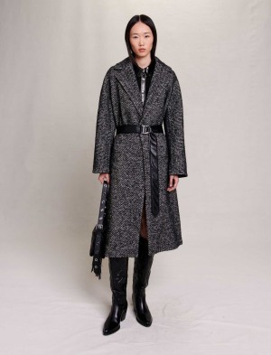 Maje Long Herringbone Sort Hvide | Danmark_M99458