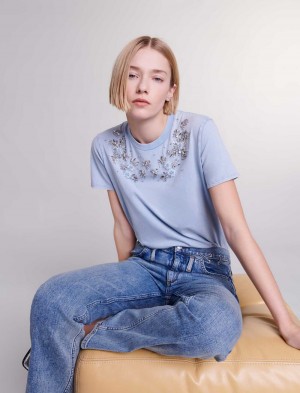 Maje Rhinestone T-shirt Lyseblå | Danmark_M86467