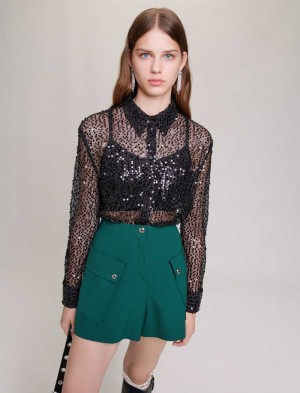 Maje Sequinned Cropped Shirt Sort | Danmark_M51395