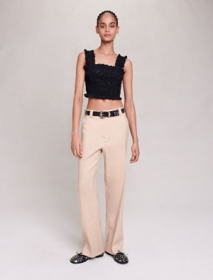 Maje Smocked Cropped Top Sort | Danmark_M19846