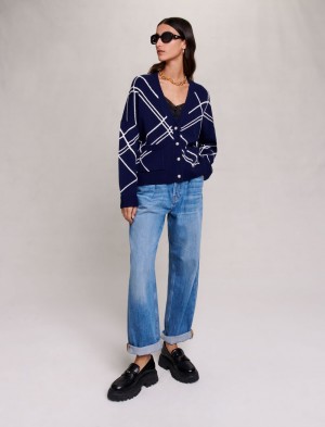 Maje Stribet Knit Cardigan Mørkeblå | Danmark_M69757